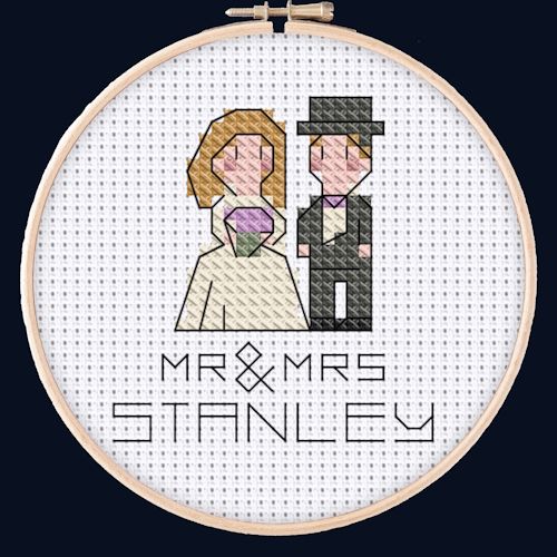 Mockup of the Tiny Bride and Groom pattern, stitched within a card