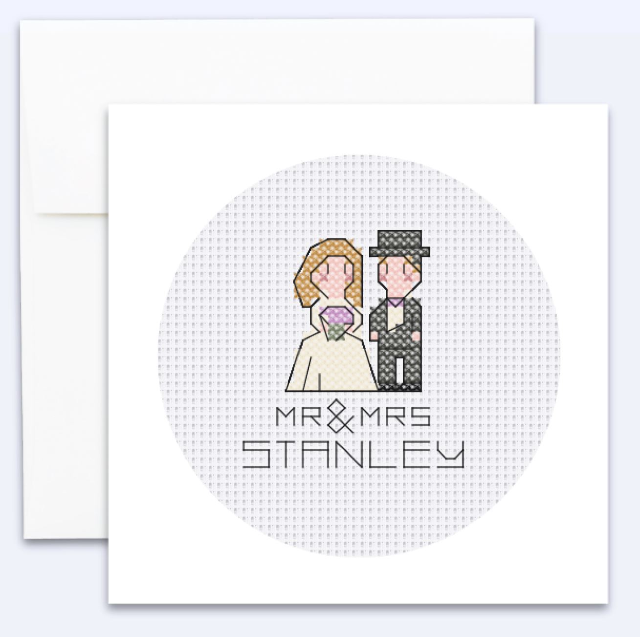 Mockup of the Tiny Bride and Groom pattern, stitched in a hoop