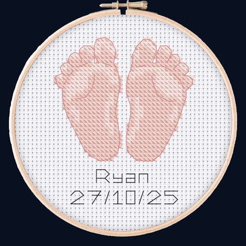 Mockup of the Little Baby Feet pattern, stitched within a card
