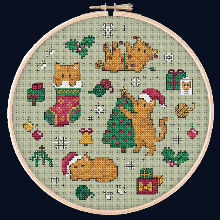 Mockup of the Paws for Christmas pattern, stitched within a hoop