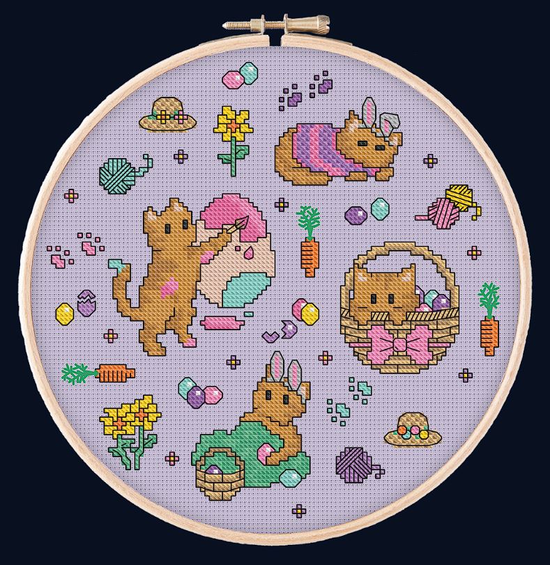 Mockup of the Paws for Easter pattern, stitched within a hoop